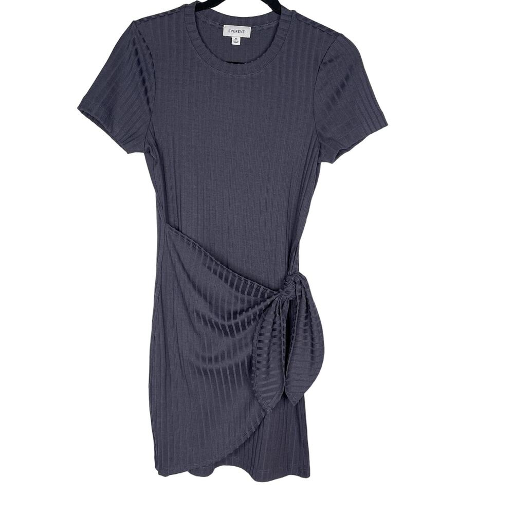 Evereve XSmall Blue Short Sleeve Ribbed Dress Tie Wrap Skirt Crew Neck Stretch